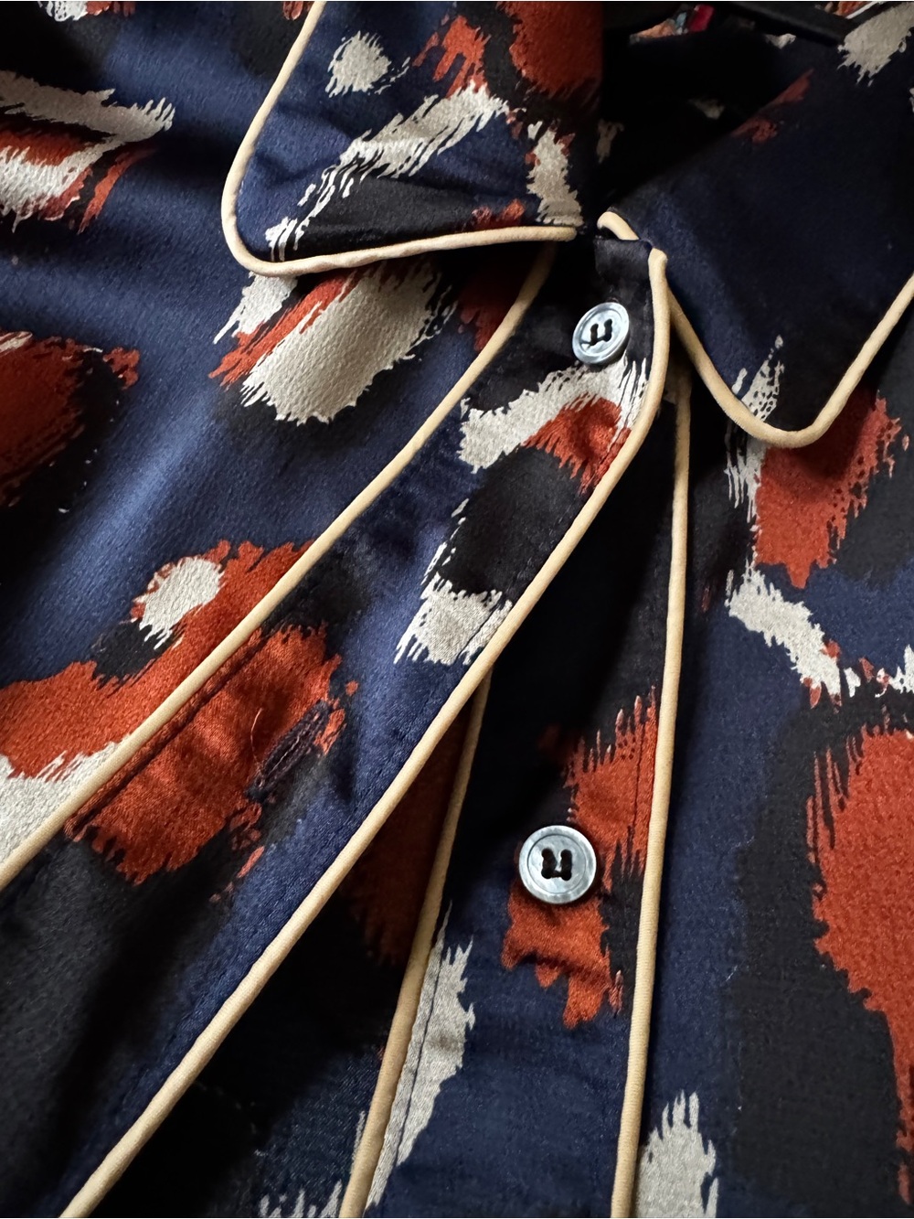 Women’s Navy Printed Pajama-Style Jacket shirt with tan piping